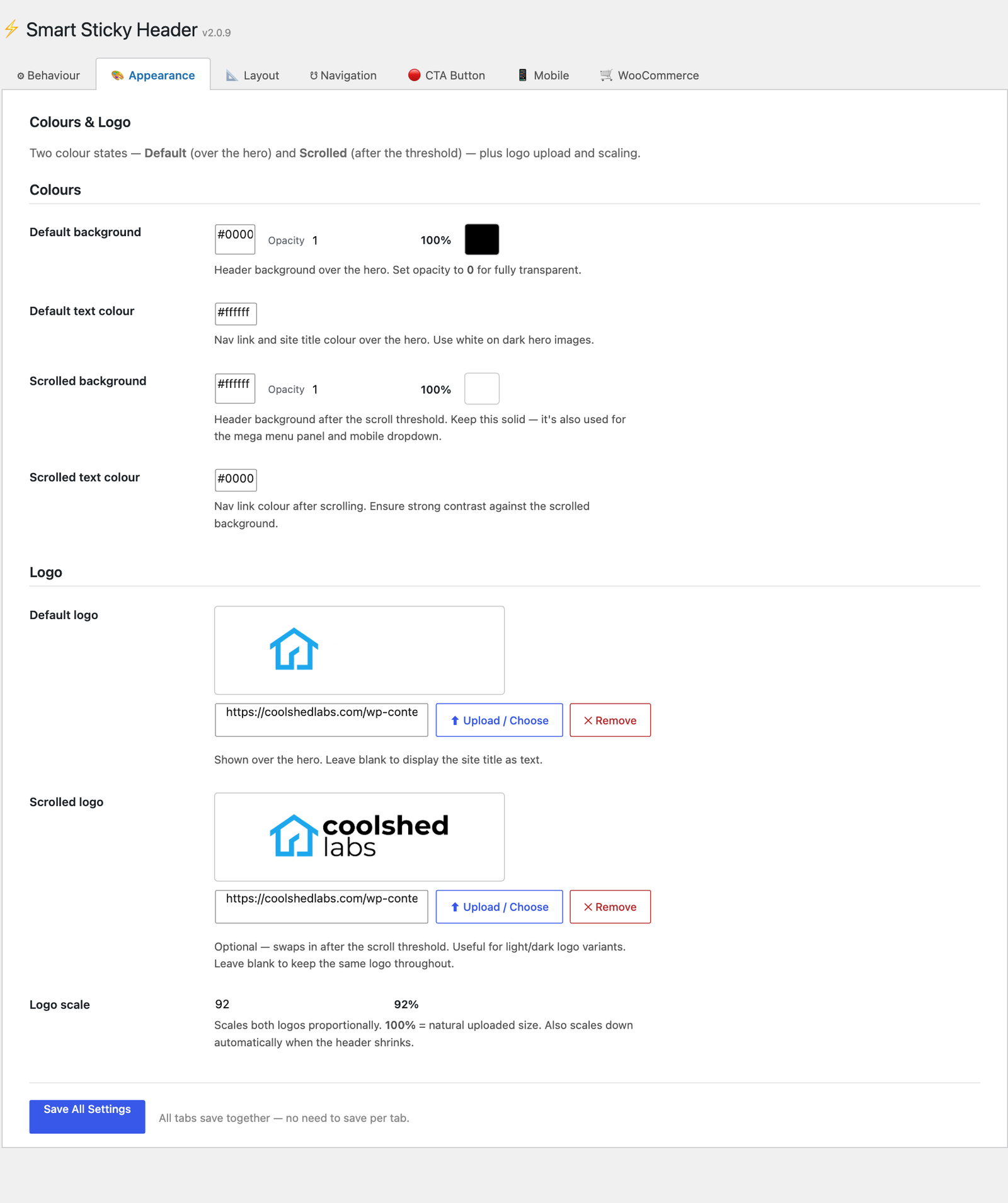 Smart Sticky Header admin settings panel